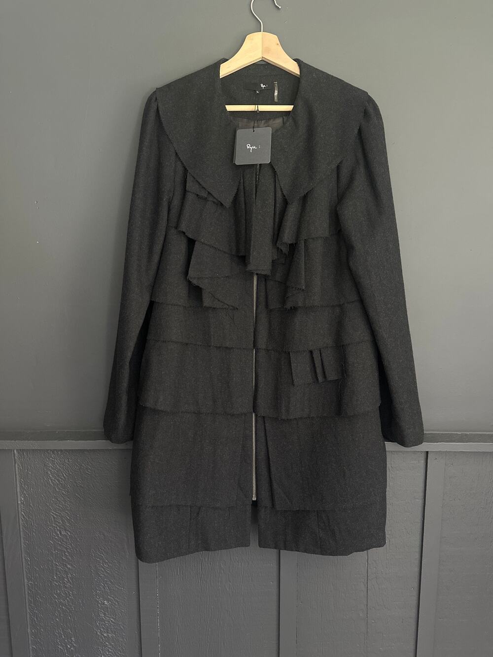 Ryu Anthropologie Charcoal Wool Blend Ruffled Zip Front Coat NEW Size L